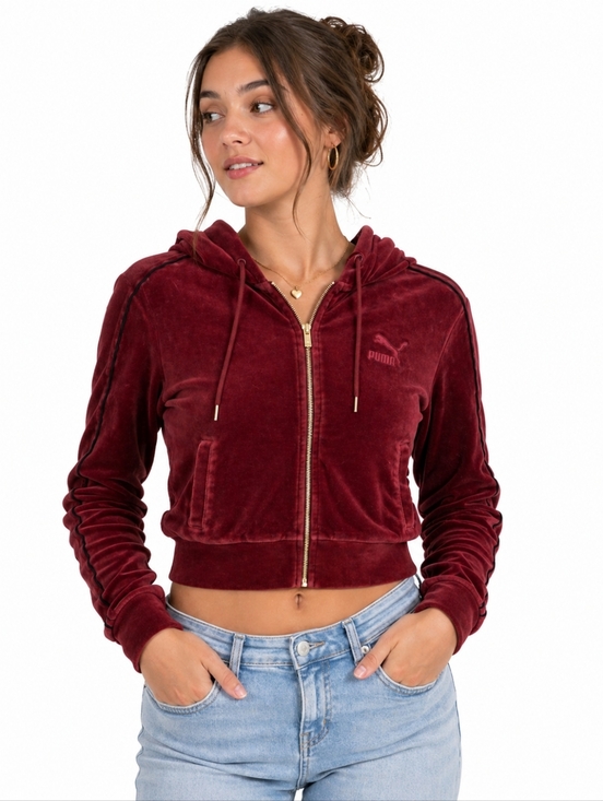 Puma Jackets & Blazers - Puma Velour Zip Hoodie Burgundy Cropped XS Soft Velvet Zip-Up